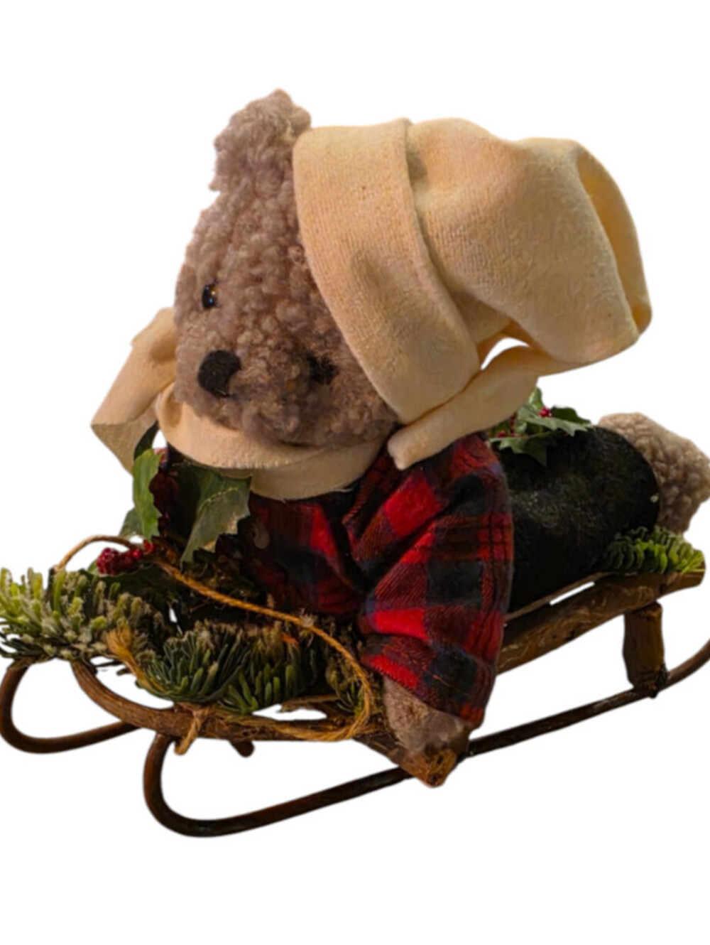 Vtg Plush Stuffed Animal Teddy Bear Riding Sled Christmas Holiday Cottagecore